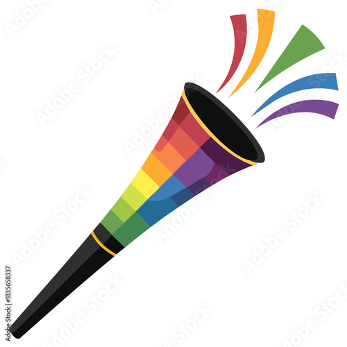 Celebratory horn emits rainbow arcs in colorful vector design illustration