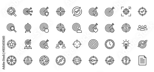 Business and marketing line icon set. Vector pictograms of target, goal, success, strategy, and direction, thin outline illustration.