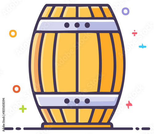 Flat cartoon illustration of a wooden barrel with metal bands, traditional storage cask