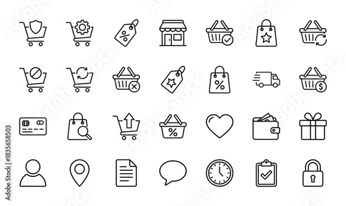 E-commerce and shopping line icon set. Vector pictograms of shopping cart, basket, delivery, price tag, and credit card, thin outline illustration.