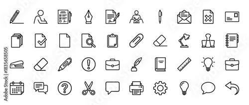 Business and office supplies line icon set. Vector pictograms of pencil, paper, document, calendar, and printer, thin outline illustration.