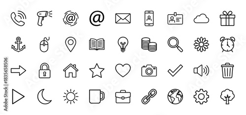 Business and commerce line icon set. Vector pictograms of phone, mail, camera, and cloud, thin outline illustration.