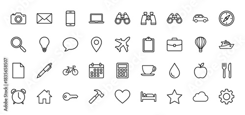 Travel and business line icon set. Vector pictograms of camera, email, car, airplane, map pin, and briefcase, thin outline illustration.