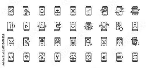 Smartphone applications and functions line icon set. Vector pictograms of settings, security, communication, and connectivity, thin outline illustration.