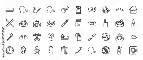 Smoking and addiction line icon set. Vector pictograms of cigarette, pipe, vape, ashtray, and no smoking sign, thin outline illustration.