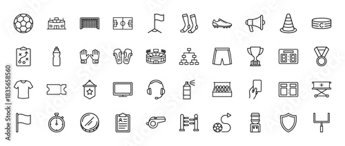 Sports and football line icon set. Vector pictograms of soccer ball, trophy, stadium, whistle, and uniform, thin outline illustration.