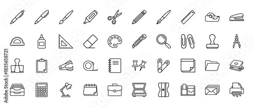 Stationery and office supplies line icon set. vector pictograms of pen, paper, calculator, scissors, and ruler, thin outline illustration.