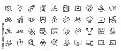 Business line icon set. Vector pictograms of idea, finance, strategy, startup, and target, thin outline illustration.