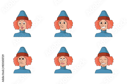 A set of six cartoon character expressions featuring a curly-haired person in a winter hat, showing various emotions such as joy, sadness, anger, confusion, and silliness. 