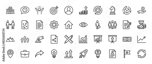 Business and startup line icon set. Vector pictograms of teamwork, strategy, finance, and growth, thin outline illustration.