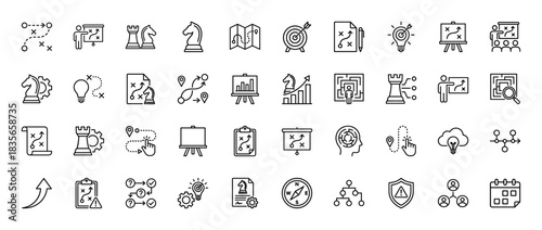 Strategy and planning line icon set. Vector pictograms of chess pieces, maps, targets, and analysis charts, thin outline illustration.