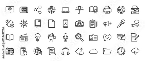 Communication and media line icon set. Vector pictograms of newspaper, share, camera, microphone, and clipboard, thin outline illustration.
