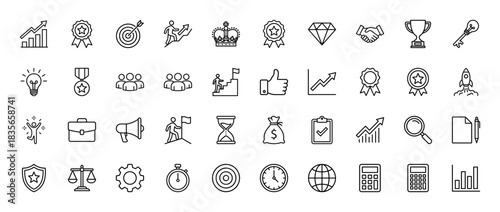 Business and success line icon set. Vector pictograms of graph, target, trophy, crown, diamond, and money bag, thin outline illustration.
