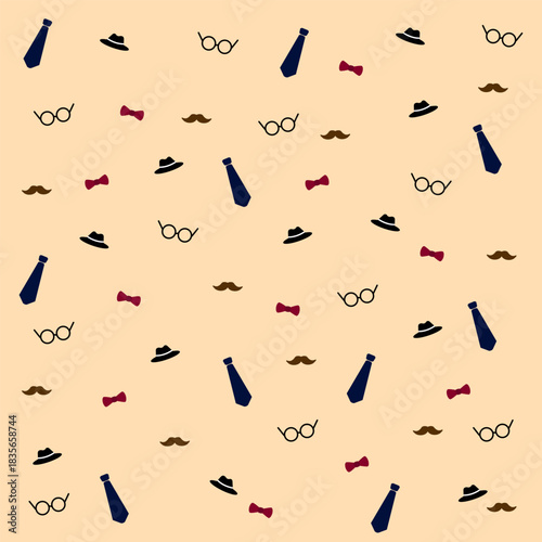 Men’s Day seamless pattern with mustache, glasses, hat, tie and bow tie icons, transparent background, vector repeat design for Father’s Day and men’s gifts, wrapping paper and fabric.