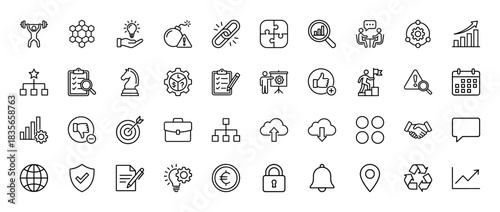 Business and strategy line icon set. Vector pictograms of puzzle, analysis, calendar, shield, and target, thin outline illustration.