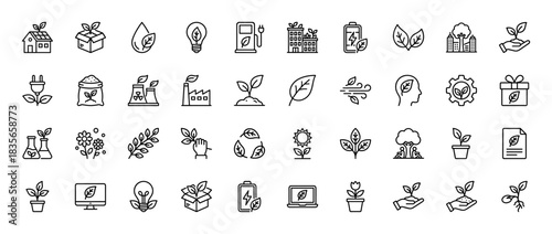 Ecology and environmental protection line icon set. Vector pictograms of renewable energy, green factory, and sustainable development, thin outline illustration.