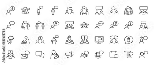 Communication line icon set. Vector pictograms of group talk, speech bubbles, question, idea, message, and presentation, thin outline illustration.