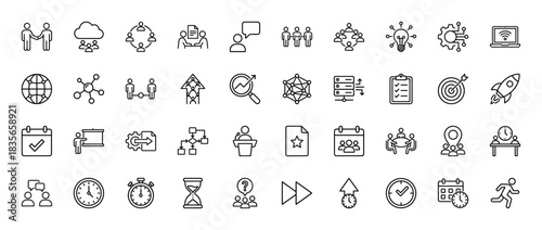 Business and management line icon set. Vector pictograms of teamwork, strategy, planning, and communication, thin outline illustration.