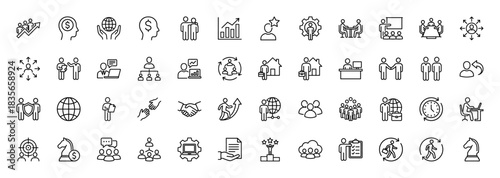Business and management line icon set. Vector pictograms of teamwork, investment, growth, success, and strategy, thin outline illustration.