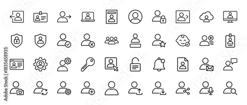 User account and profile management line icon set. Vector pictograms of login, security shield, key, camera, and mail, thin outline illustration.