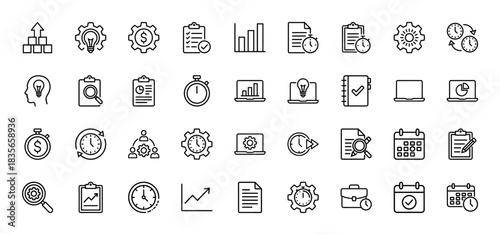 Business and productivity line icon set. Vector pictograms of settings, strategy, planning, time, and analysis, thin outline illustration.