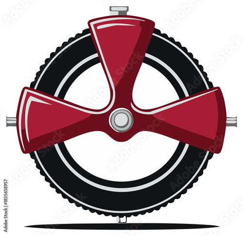Vintage bicycle wheel with red three spoke crankset vector logo icon for cycling