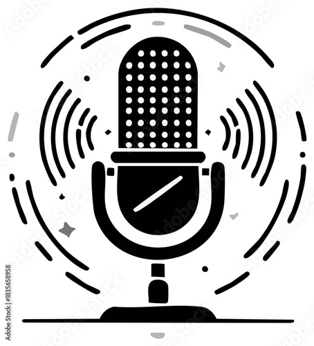 Retro microphone with radiating sound waves and decorative elements, vintage style illustration