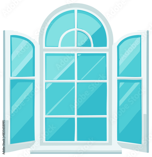 Stylized Open Arched Window with Blue Glass and White Frame Illustration