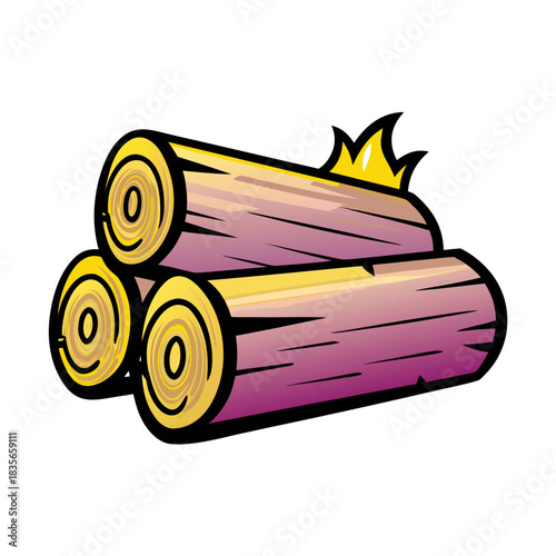 Three colorful logs of firewood stacked with a flame on top, isolated vector image on a transparent background in comic book, pop art style
  