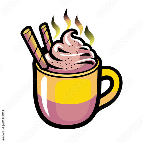 Hot cocoa with whipped cream and wafer sticks in yellow mug, isolated vector image on a transparent background in comic book, pop art style
  