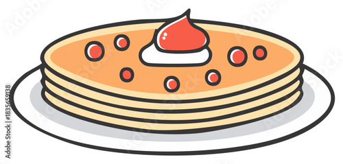 Stack of cartoon pancakes with strawberry topping and berries on a white plate, isolated illustration