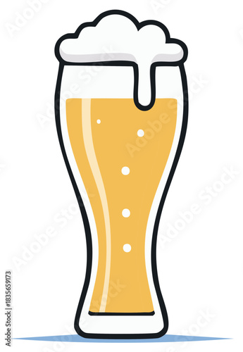 Cartoon illustration of a beer glass, overflowing with foam and a frothy, light-colored beer.