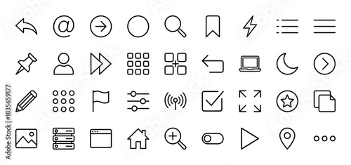 Universal user interface icon set. Vector pictograms of settings, search, profile, home, and navigation, thin outline illustration.