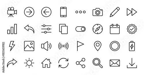 Interface and user experience line icon set. Vector pictograms of camera, calendar, chart, map marker, and settings, thin outline illustration.