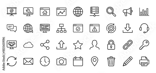 Business and technology line icon set. vector pictograms of web pages, data, server, communication, and tools, thin outline illustration.