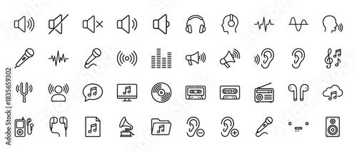 Audio and sound technology line icon set. Vector pictograms of microphone, headphones, speaker, and music notes, thin outline illustration.