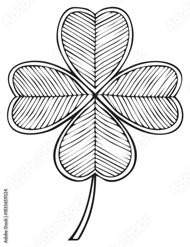 Hand drawn four leaf clover line art illustration with patterned leaves symbol of luck and good fortune