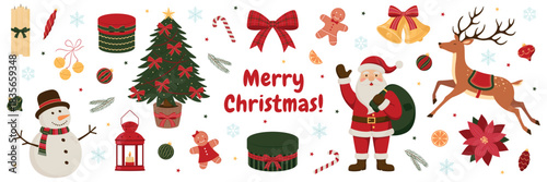 Set of Christmas illustration with snowman, candy, lantern, candles, poinsettia, gingerbread cookies, Christmas tree, Santa Claus, gifts, bells,  reindeer and holiday decor elements for design.