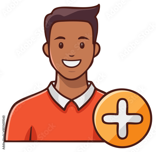 Smiling man avatar with add user button concept for social media profile page or new friend request