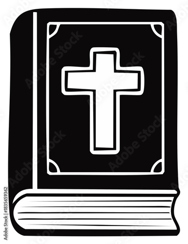 Black and white illustration of a closed book with a Christian cross on the cover