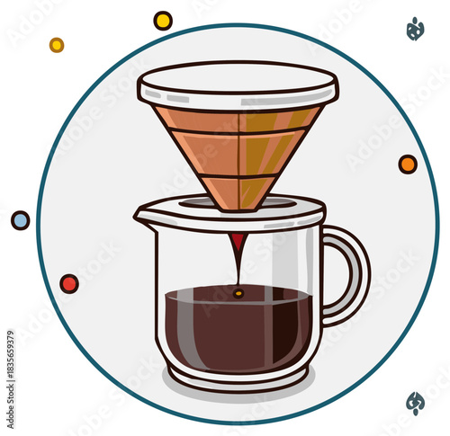 Pour Over Coffee Brewing with a Dripper and Glass Carafe Vector Illustration
