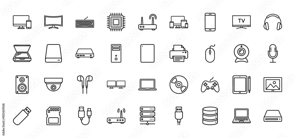 Fototapeta premium Technology and computer device line icon set. Vector pictograms of smartphone, keyboard, monitor, printer, and cpu, thin outline illustration.
