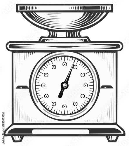 Classic retro kitchen weighing scale with a dial in a black and white engraving vector illustration.