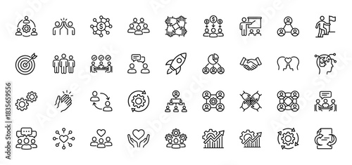 Business and teamwork line icon set. Vector pictograms of collaboration, meeting, target, growth, and partnership, thin outline illustration.