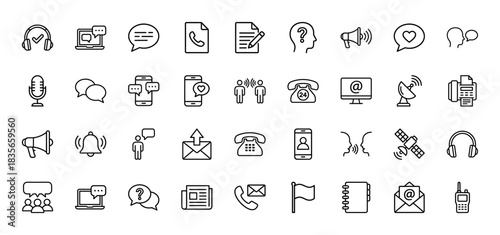 Communication line icon set. Vector pictograms of smartphone, microphone, headset, telephone, and chat bubbles, thin outline illustration.