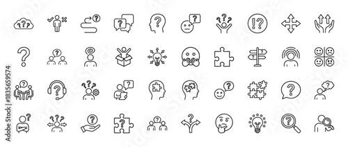 Decision making line icon set. Vector pictograms of question mark, dilemma, solution, confusion, and choice, thin outline illustration.