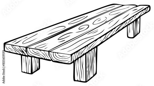 Rustic Wooden Bench Line Art: Hand-Drawn Style Outdoor Furniture Sketch