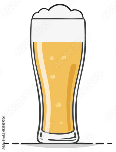 Tall glass of golden beer with frothy white head and bubbles inside a clear vessel