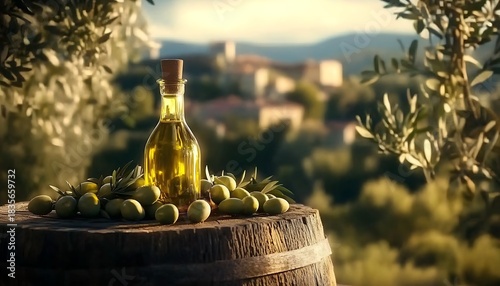 Wallpaper Mural Olive oil bottle and olives on rustic barrel with blurred village background Torontodigital.ca