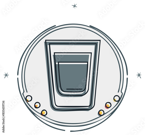 Stylized line art illustration of a shot glass with liquor in a decorative circular emblem